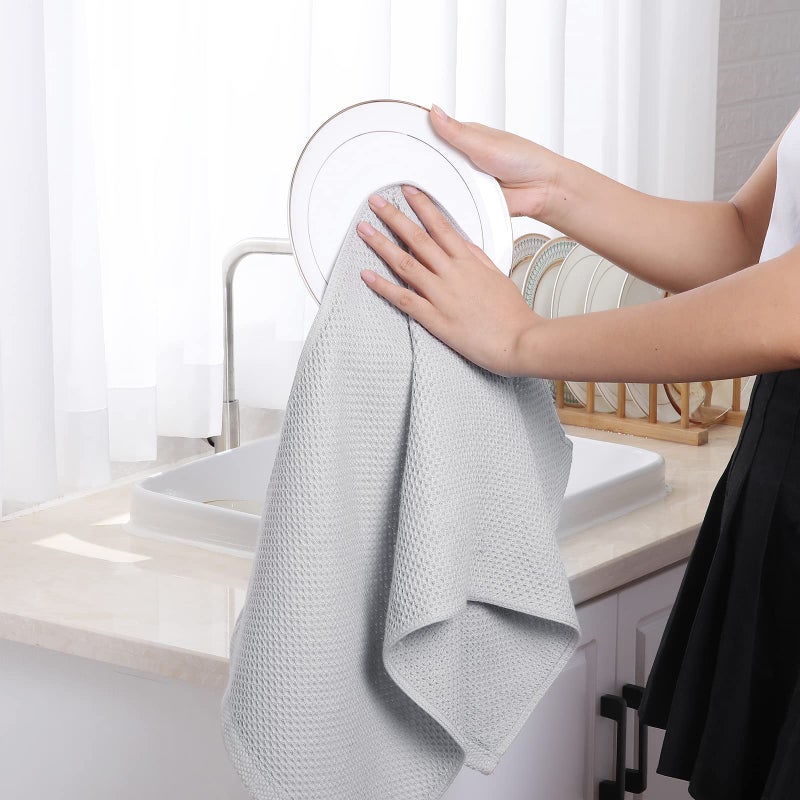 Homaxy 100% Cotton Waffle Weave Kitchen Dish Towels, Ultra Soft Absorbent Quick Drying Cleaning Towel, 13 x 28 Inches, 4-Pack, Light Gray - Image 4